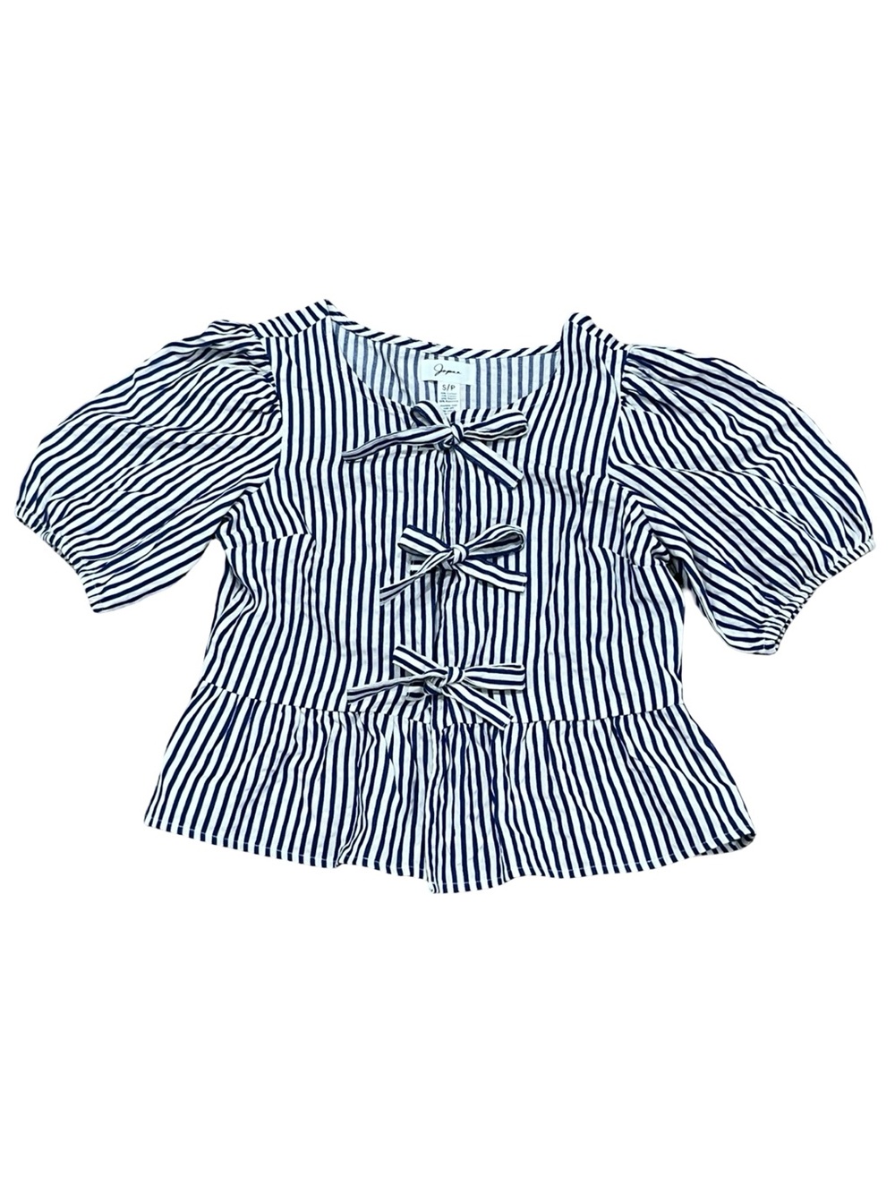 Japna Cotton Blend Cobalt Blue & Cream Striped Tie-Front Peplum Blouse NWT Small - Picture 4 of 8